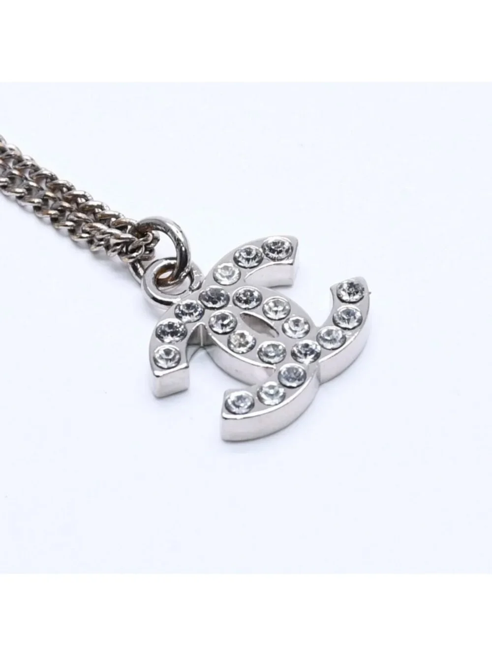 Chanel Necklace CC Logo Rhinestone Silver 11